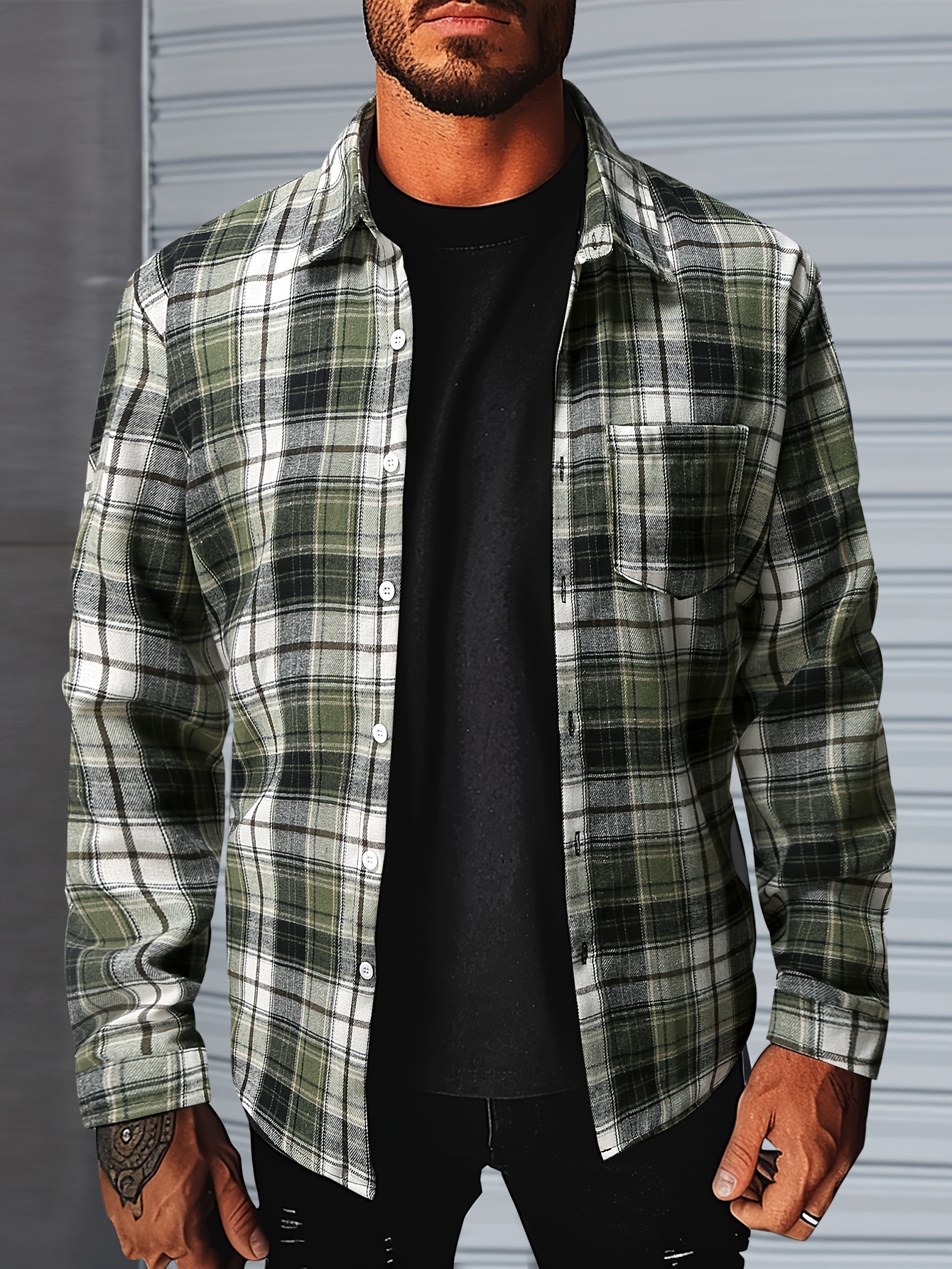 1pc mens plus size casual button down long sleeve shirt with pocket polyester twill weave regular fit spring autumn fashion details 0