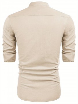 1pc Men'S Casual Crew Neck Long Sleeve Button Down Shirt - Solid Color Rayon/Viscose Blend, Non-Stretch Fabric, Woven Cuban Guayabera Beach Shirt for Spring/Fall, Plus Size